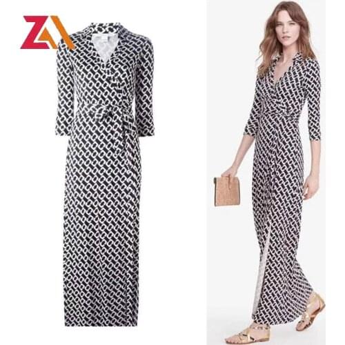 Women Clothes Elegant Runway Dresses Geometric Print Black White Sexy V Neck Ladies Casual Streewear Long Wrap Dress Korean Robe