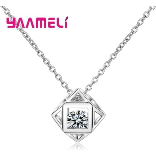 Classic 925 Sterling Silver 5A Grade Cubic Zircon Pendant Necklaces Square Cube Charms Wedding Engagement Jewelry for Women
