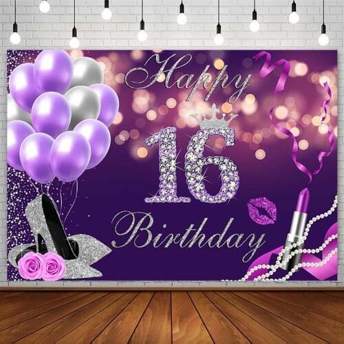 16th Happy Birthday Backdrops Purple Balloon High Heels Flowers Diamond Girl Decor Photography Background Photo Studio Photozone