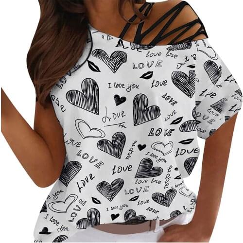 2021 T Shirt Womens Heart Print Harajuku Oversized T Shirts Female Summer Off Shoulder Tops Girls Graphic Tee Woman Clothing