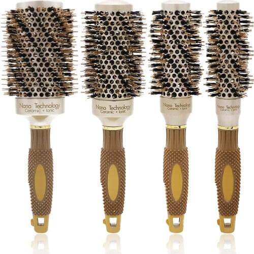 Anti Slide Handle Barber Hair Drying Brush For Hair Curling 100% Boar Bristle Ionic Thermal Ceramic Round Hair Comb Styling Tool