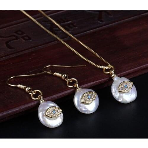 White Cz Tiny Gold Evil Eye Blue Eye Ball Charm Coin Freshwater Pearl Chic Drop Earring Choker Necklace Women Jewelry Set