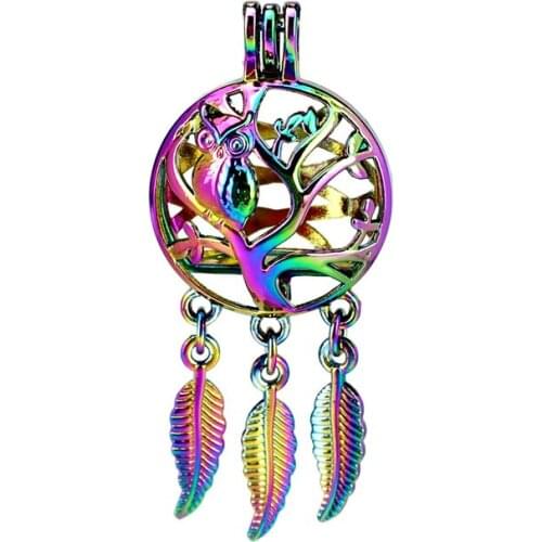 C890 5pcs/lot Rainbow Color Beaty Dream Catcher Tree Owl Round Ball Leaf Cage Pendant Pearl Locket Fairytale Party