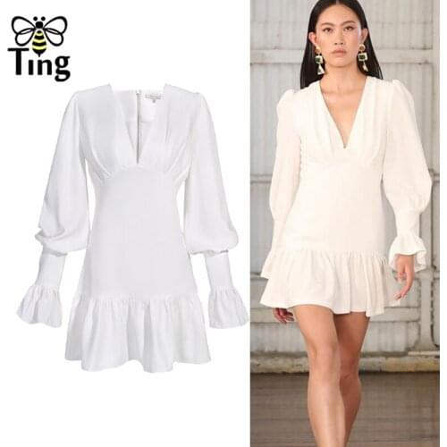 Tingfly Runway Designer Sexy Deep V neck White Mini Short Party Night Dresses Full Lantern Sleeve Ruffles Hem Casual Dress Frock