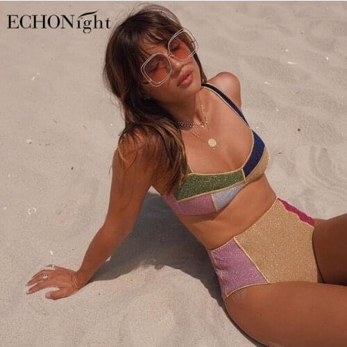 Echonight Shinny Womens Swimwear 2021 Contrast Color Patchwork High Waist Bikini Swimsuit Women Swimwear Bathing Suit Bikinis