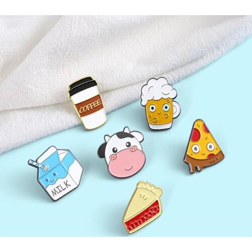 Pins Wholesale Pizza Enamel Pin Coffee Brooches Food Badges Beer Milk Cake Cow Jewelry Hat Bag Accessories Women Girl Jewelry