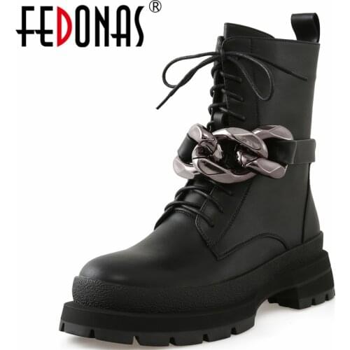 FEDONAS Cool Punk Fashion Women Ankle Boots 2021 Autumn Winter New Metal Decoration Genuine Leather Casual Round Toe Shoes Woman