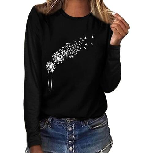 Womens Dandelion Print O Neck T-shirt Loose Fashion Long Sleeve T Shirt Casual Women Tshirt Top Футболка Женская #PY