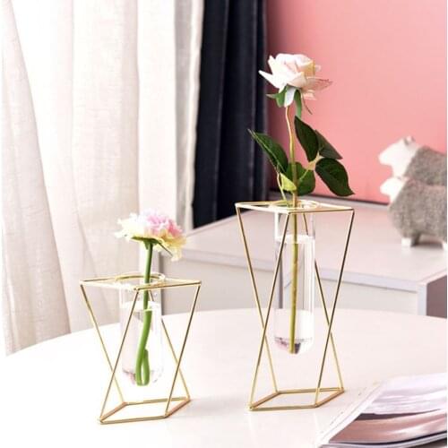 Geometric Vase with Wrought Iron Frame High Borosilicate Glass Container Table Decoration