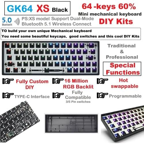 GK64XS USB-C RGB Backlight Hot Swap Bluetooth Wired/Wireless Custom DIY Programmable Kit for 60% Mechanical Keyboard