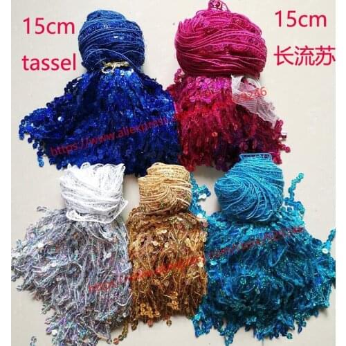 6yards/lot 15CM Width Stage Clothes Accessory polyester tassel fringe rose blue sapphire gold silver laser Sequins Trimming Lace