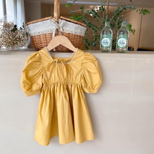 Summer Baby Girls Korean Style Solid Yellow Pearl Collar Dress