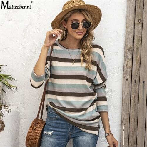 Autumn women stripe Hoodie sweatshirts Long sleeve 2020 oversize ladies pullovers casual loose Round neck Knitted top Streetwear