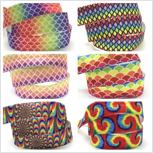 Rainbow Fish Scale Print Fold Over Elastic 16mm Kaleidoscope aztec Pattern FOE Ribbon DIY Sewing Party Accessory 10 yards