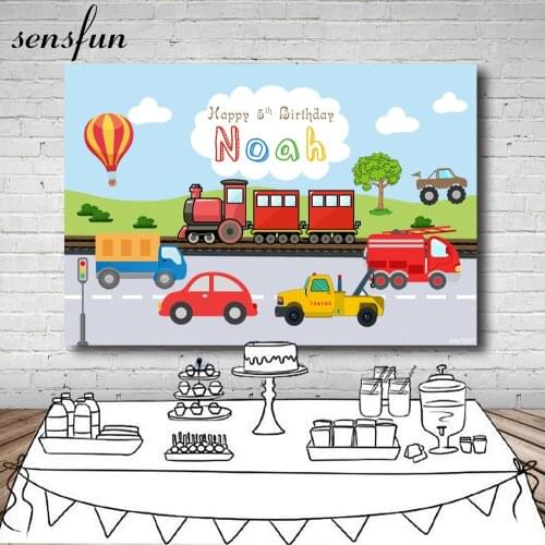 Sensfun Cartoon Train Cars Boys Birthday Party Backgrounds For Photo Studio Blue Sky Clouds Green Grass Hot Air Balloon Backdrop