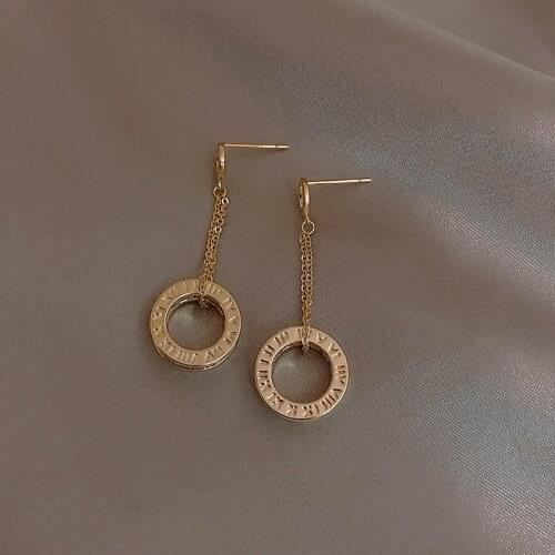 Fashion Round Roman Numerals Tassel Circle Stud Earring Rose Gold Color Stainless Steel Earrings Women Party Gift