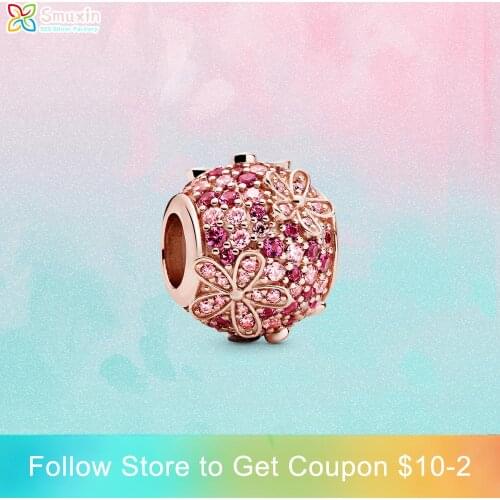 Smuxin S925 Sterling Silver Beads Pink Pave Daisy Flower Charms fit Original Pandora Bracelets Women DIY Jewelry Making