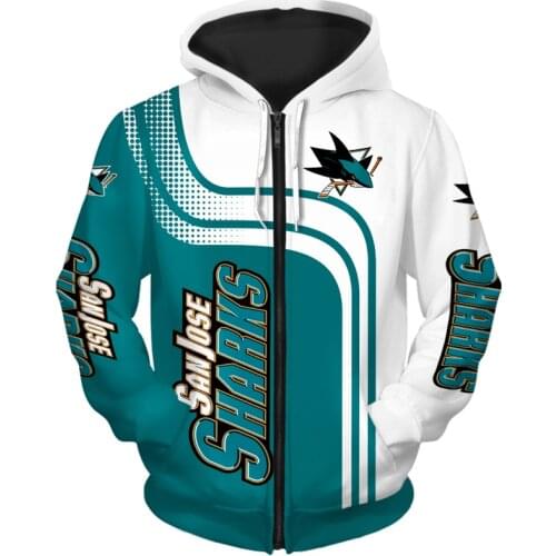 San Jose mens fashion Long sleeve 3D Sharks Zip Hoodies White green stitching curve cartoon pattern print Sweatshirt