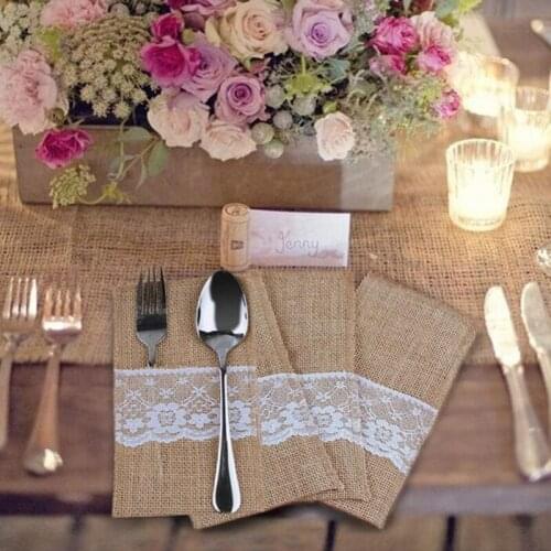 Vintage Burlap Linen Lace Knife And Fork Bag Cutlery Jute Tableware Retro Wedding Party Christmas Dinnerware Table Decorations