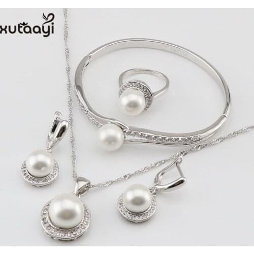 XUTAAYI White Simulated-Pearl White CZ Sterling Silver Jewelry Sets For Women Necklace Pendant Drop Earrings Rings Gift box