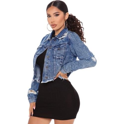 2021 New Arrival Fashion Hole Tassels Cotton Jean Jacket Women Plus Size Long Sleeve Vintage Short Blue Denim Jackets Coat Ddlg