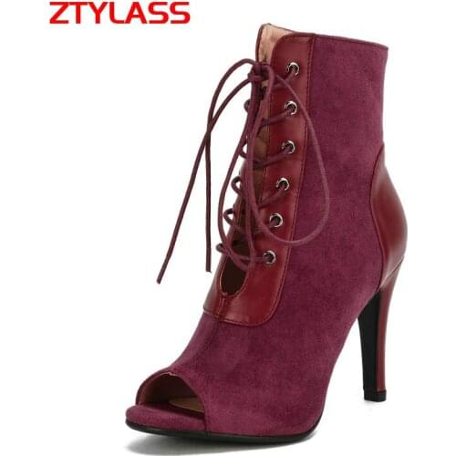 Black Beige Wine Red New Women Summer Boots Sexy Thin High Peep Toe Sandals Fashion Corss Tied Faux Suede Shoes Woman