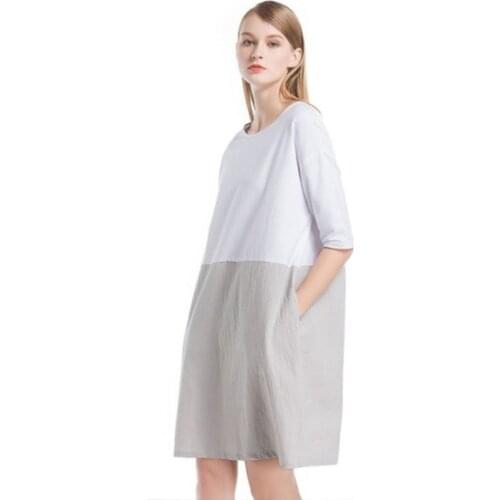 Women Summer Tunic Dresses Plus Size Patchwork 1/2 Sleeved Cotton Linen Dress Elegant O Neck Loose Pockets