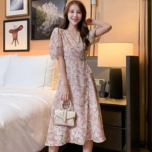 Prairie Style A-Line Chiffon Dresses For Women 2020 Oil Paint Floral Prints Dress Summer V-neck Short Sleeves Dress