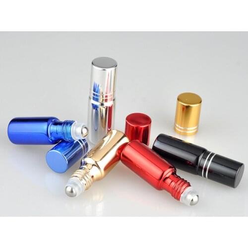 100pc/Lot 5ml Assorted UV Coated Glass Roll-on Bottles Perfume Refillable Bottles with Steel Rollers