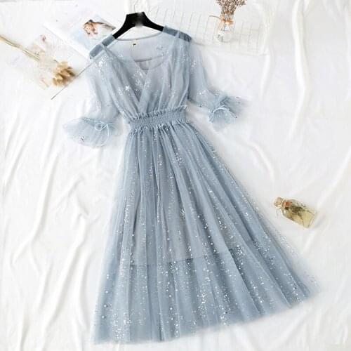 2021 New Female V-neck Stars Sequined Mesh Shiny Fairy Dress Women Elegant Lotus sleeve Gauze Princess Puff Dresseshe