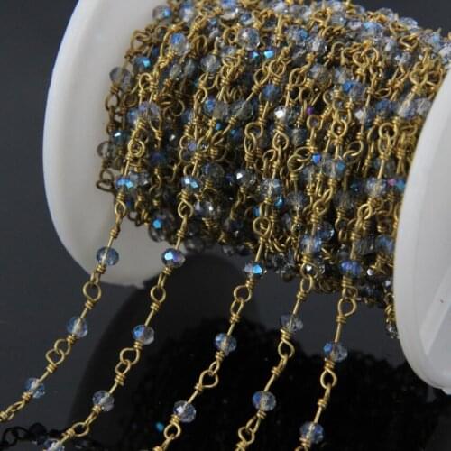 5Meter Blue Titanium Clear crystal Glass beads Brass Wire Wrapped Chain,Faceted Rondelle Rosary Chains Necklace bracelet Jewelry