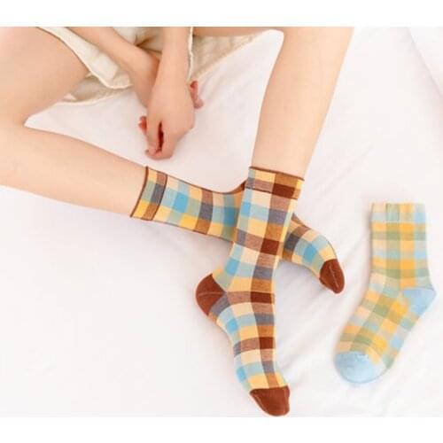 5 Pairs Pack colorful Plaid Women Cotton Socks For Spring Winter Happy Gifts Harajuku Korea Style Cute Ladies Casual Crew Socks