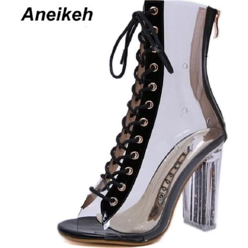 Aneikeh 2019 Fashion Sexy Sandals Women PU Gladiator Transparent Square High Heels Womens Shoes Shallow Dress Office Size 35-40