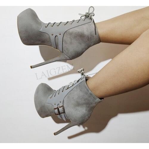 BERZIMER Women Ankle Boots Platform High Heels Lace Up Booties Femmes Bottes Handmade Ladies Shoes Woman Big Size 37 38 39 44 52