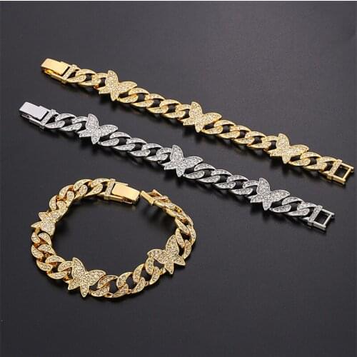 Free Shipping Silver Color Luxury Sparkle Full Crystal Butterfly Cuba Bracelet for Women Rhinestone Chunky Punk HipHop Jewelry