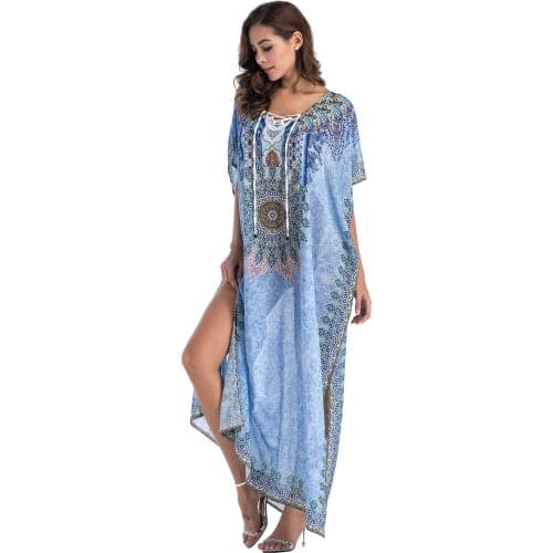 Large Chiffon Beach Cover up Plus size Bikini Cover up Print Rayon Kaftan Beach Dress Swimwear Large Size Beachwear