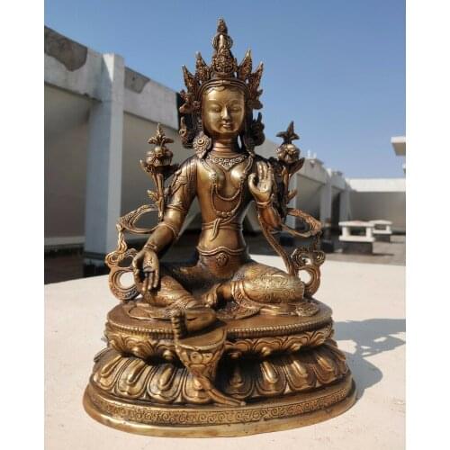 12" old Bodhisattva Tara Green bodhi-sattva Bronze gilt Buddha Statue Padmapani