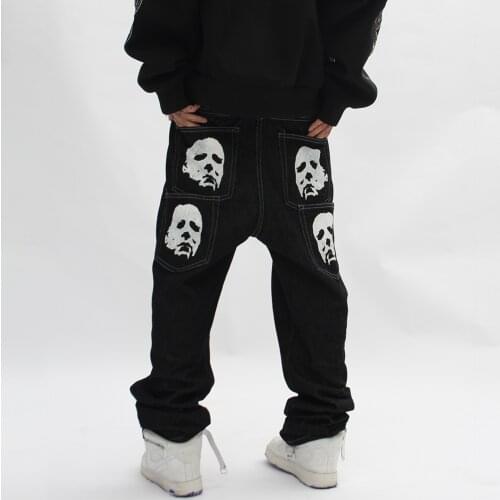 High street personality face print jeans men ins high street fashion brand casual straight leg pants trend slim trousers