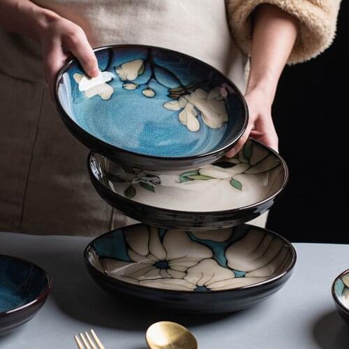 Deep plate tableware plate household dish plate Japanese creative hand-painted Western food soup plate pasta plate ceramic dish