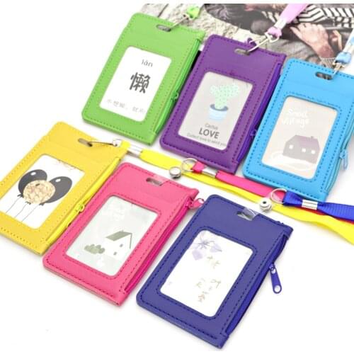 PU Leather Card Holder With Rope Lanyard Work Cards Sleeve ID Badge Case Clear Bank Credit Card Holder Cover Office Supplies
