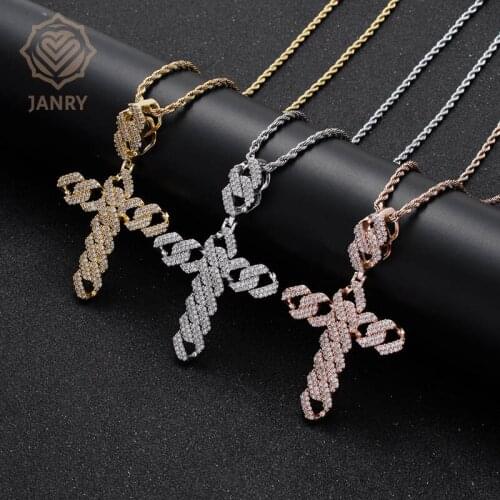 JANRY Personality Rhombus Big Cross Pendant Necklace Hip Hop Zircon Gold Color Necklace With 60cm Stainless Steel Rope Chain