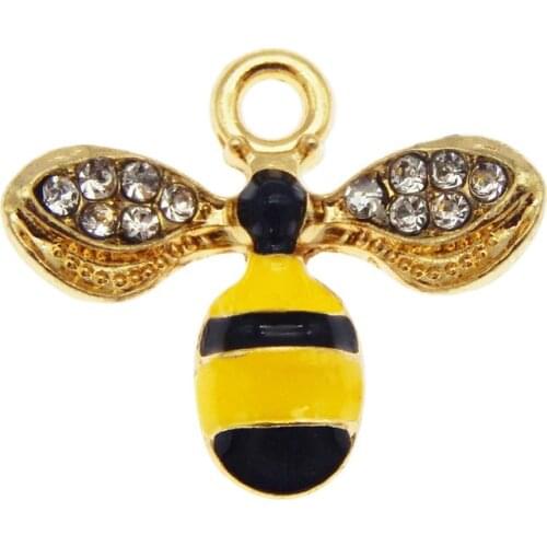 Julie Wang 3PCS Enamel Small Bee Charms Rhinestone Honeybee Alloy Gold Tone Bumble Bee Pendant Earrings Jewelry Making Accessory