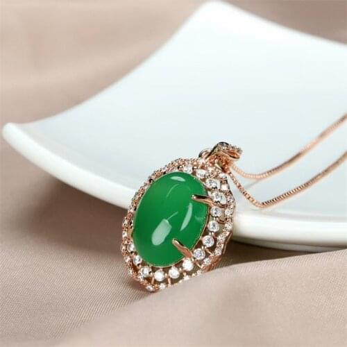 Classic Rose Gold 925 Sterling Silver Pendants Necklaces Green Jade Chalcedony Gemstone Pendant Ethnic Women Fine Jewelry 2021