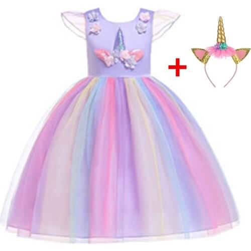 LZH 2021 Unicorn Princess Dress For Girls Rainbow Dress Christmas Party Birthday Formal Dress For Children clothing Baby Costume