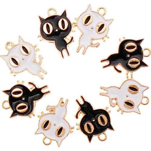 Julie Wang 10PCS Tiny Enamel Cat Charms Mixed Black White Animal Alloy Halloween Pendant Bracelet Jewelry Making Accessory