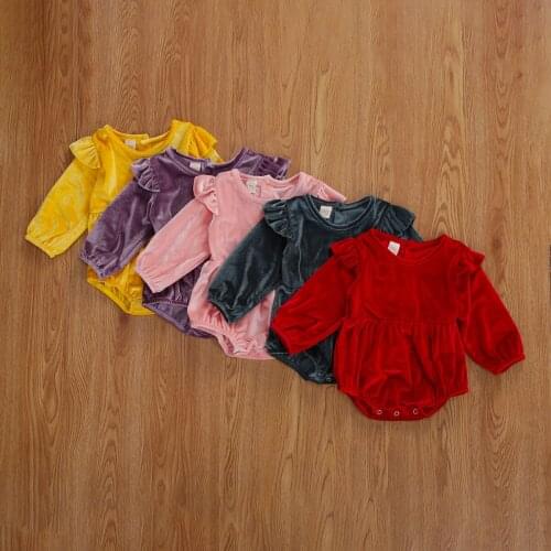 Autumn Baby Girls Boys 0-18M Bodysuits Velvet Solid Ruffles Long Sleeve Button Jumpsuits 5 Colors