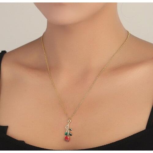 3D Red Rose Necklace Women Bride Beautiful Flower Green Leave Wedding Jewelry Valentine Girlfriend Gift Necklaces