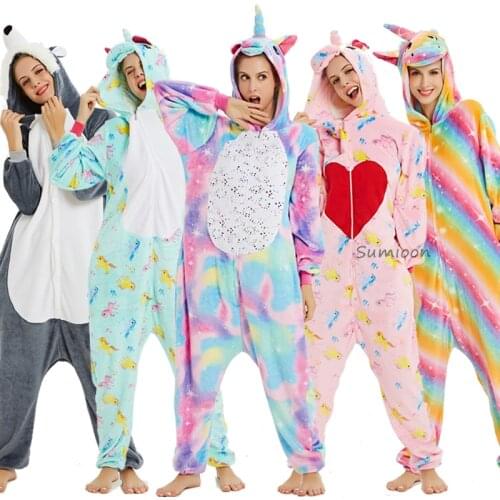 Animal Rainbow Unicorn Pajamas Adults Winter Sleepwear Kigurumi Panda Stitch Licorne Pyjamas Women Onesie Anime Costume Jumpsuit