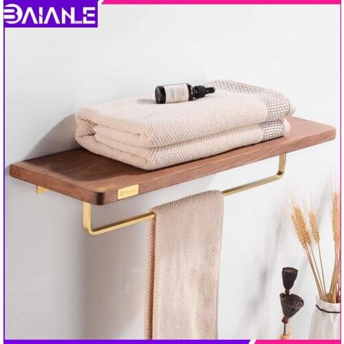 Bathroom Shelf Towel Holder Brass Wood Bathroom Shelves Wall Mounted Towel Rack Hanging Holder Creative Single Towel Bar Nordic