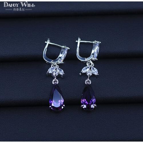 Stunning White Cubic Zirconia Stone Setting Luxury Water Drop Long Royal Purple Earring Women Party Jewelry Fashion Jewelry